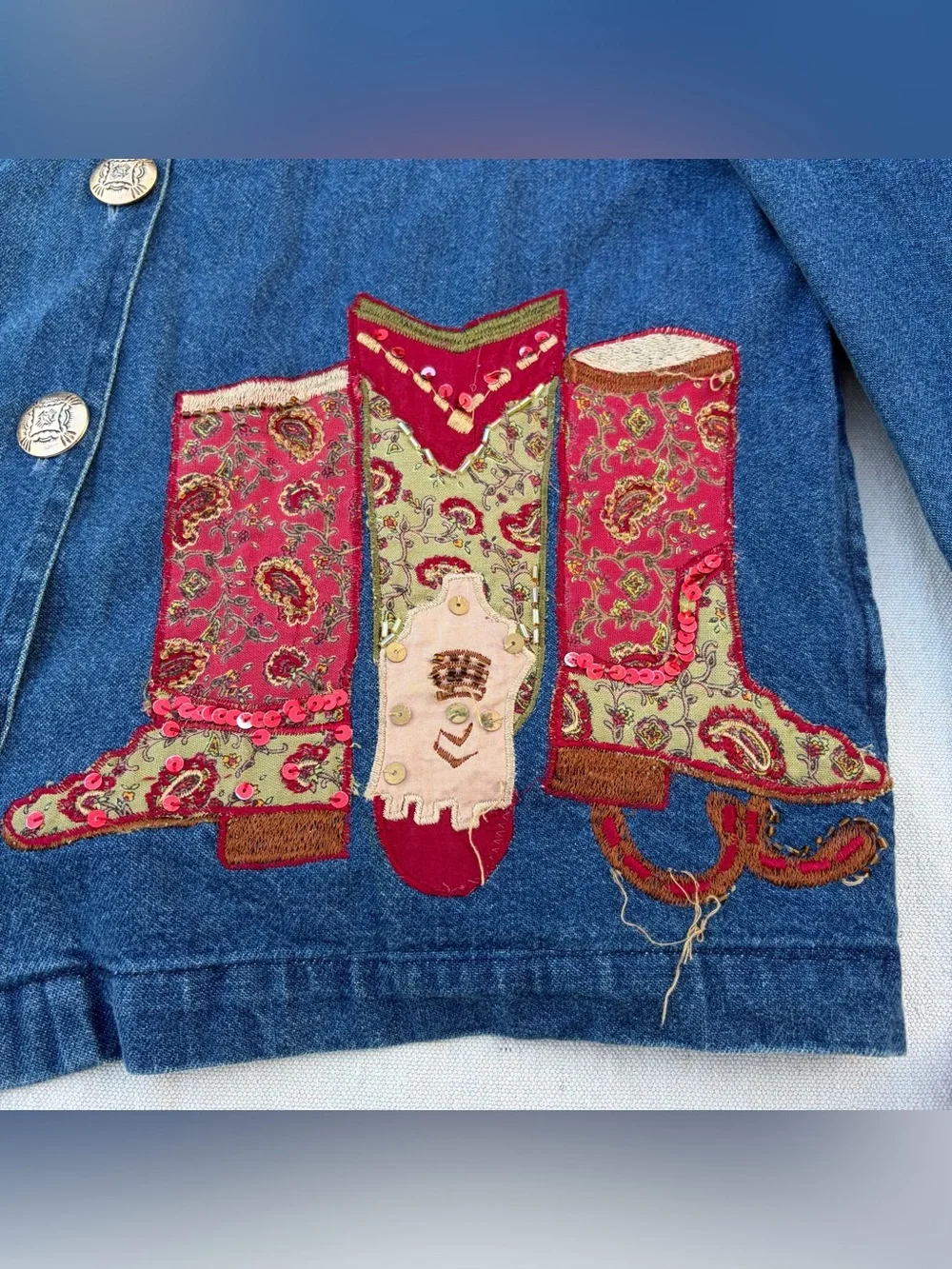 SOLD Vintage Tantrums Cowgirl Patchwork Denim Jacket Sequin Beaded Western - Picture 3 of 7